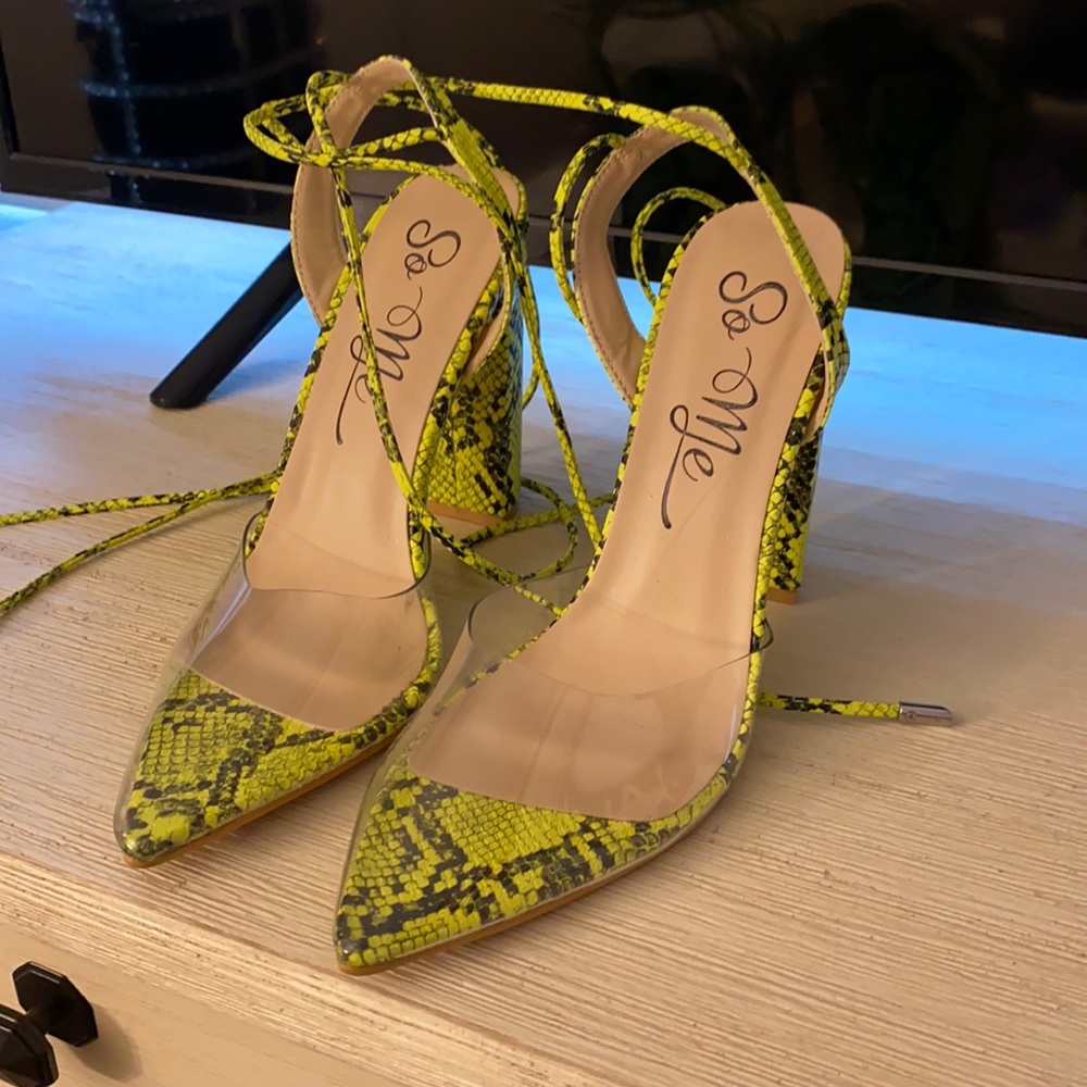 Neon yellow snake lace up heels